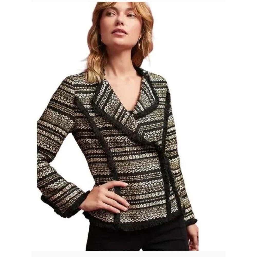 Moon River Jacket Womens XS Black Gold Metallic Braelyn Tweed Fringe Boho Anthro